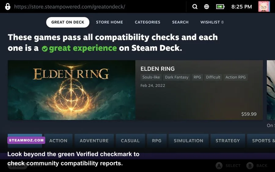Steam Deck Verified compatibility badge on game store page