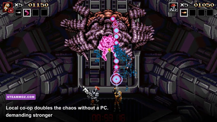 Mavra and Doyle fight through a robotic warzone in Blazing Chrome co-op