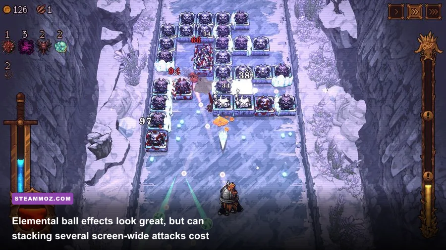 BALL x PIT combat showing Fireball and Iceball-style elemental attacks against enemies