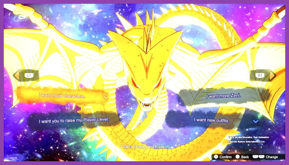 Shenron wish selection screen in Dragon Ball Sparking Zero