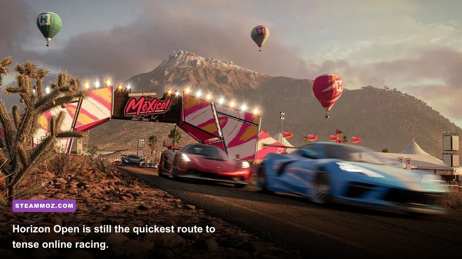 Forza Horizon 5 Horizon Open multiplayer race with cars battling on a road