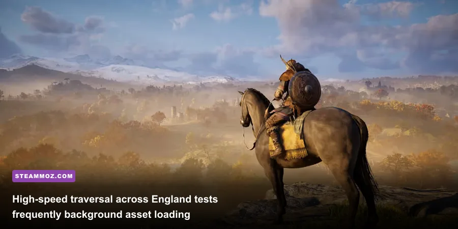 Eivor riding a mount through the lush countryside of Mercia