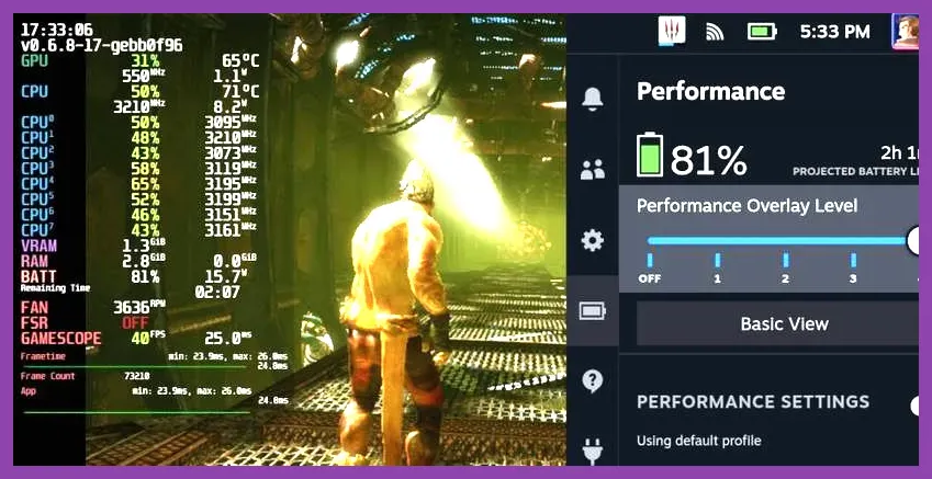 Performance metrics overlay showing high FPS and low frame times