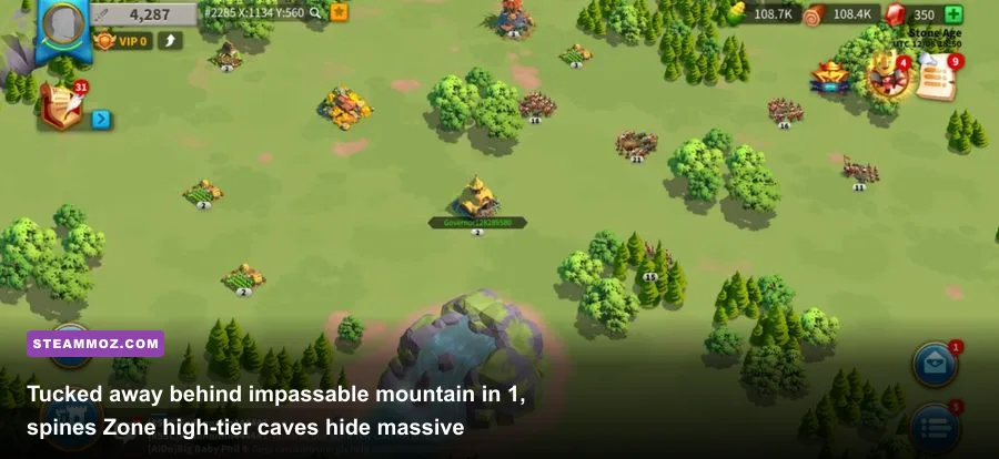 A scout unit uncovering a hidden high tier cave tucked behind a mountain range in Rise of Kingdoms PC