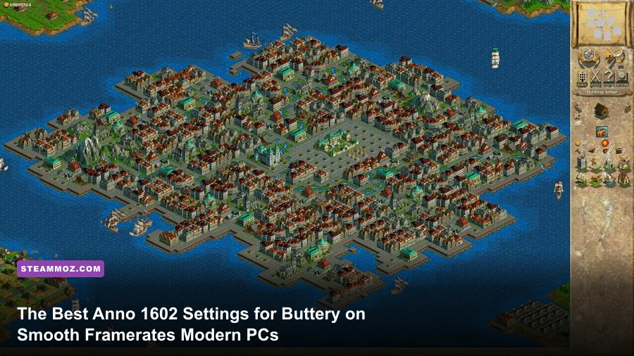 An expansive harbor city in Anno 1602 showing sailing ships and bustling trade docks