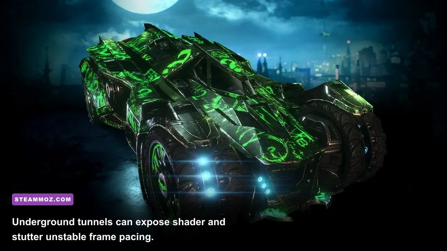 Batman Arkham Knight Batmobile inside a Riddler tunnel