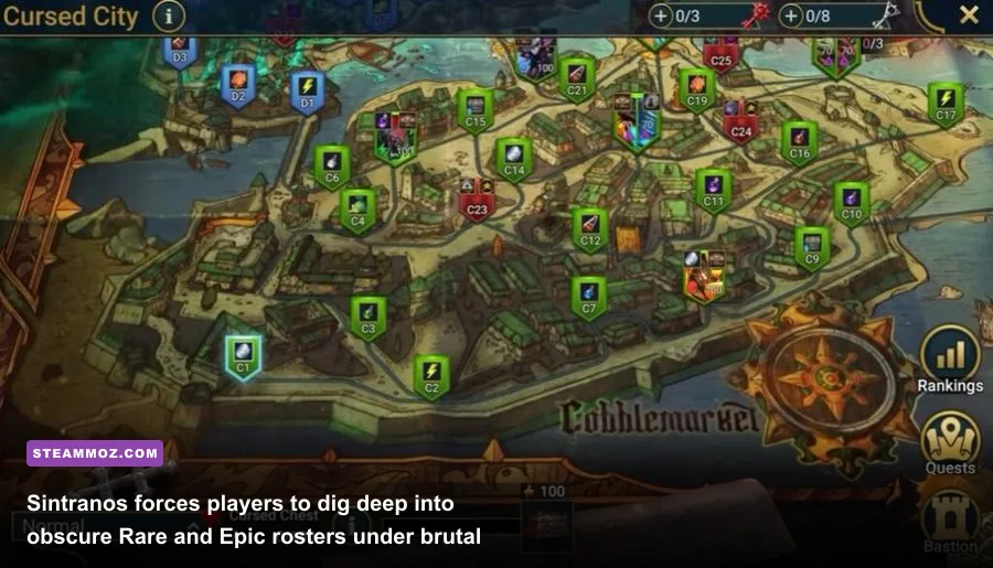 Cursed City of Sintranos district selection screen showing hard endgame challenges