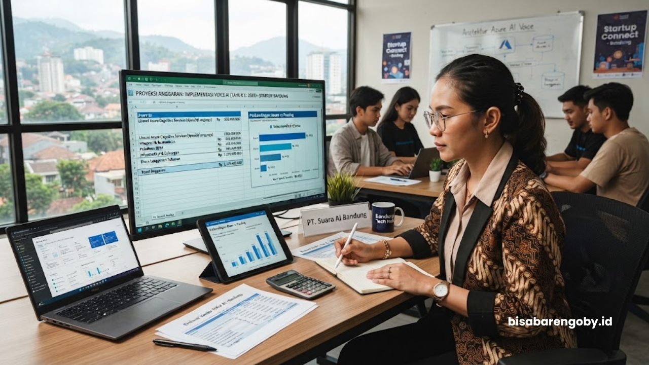 Manajer pengadaan memproyeksikan alokasi anggaran sebelum memutuskan beli Voice AI untuk startup di Bandung berbasis Azure AI