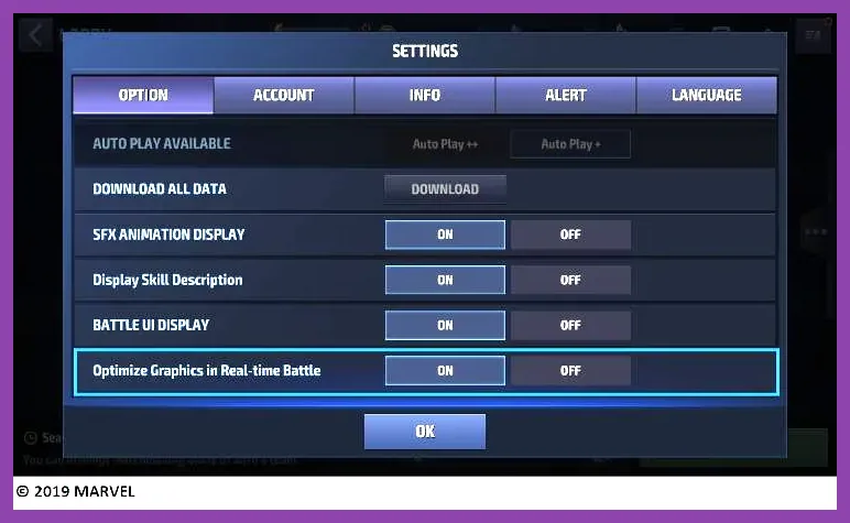 In-game graphics options menu inside Marvel Future Fight