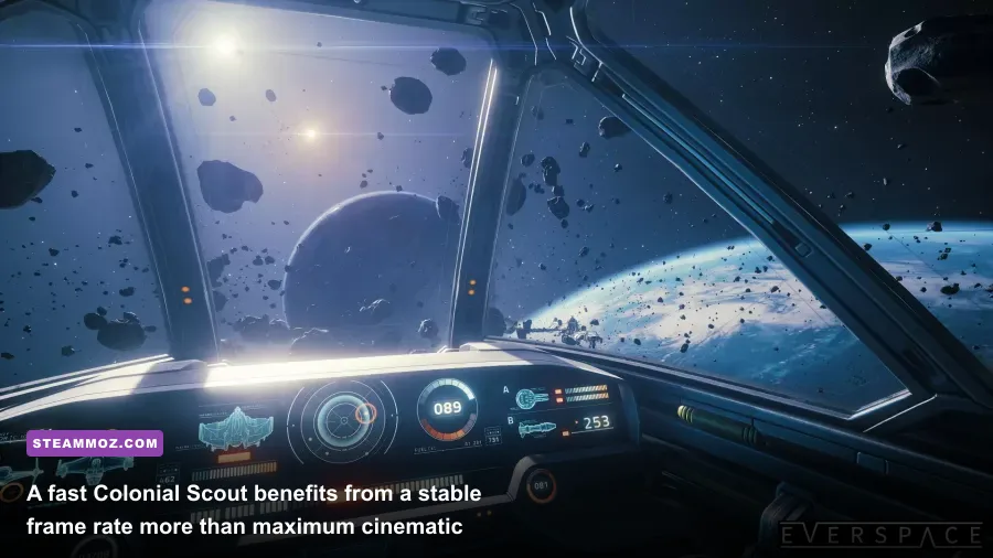 EVERSPACE Colonial Scout engaging enemy fighters near a space station