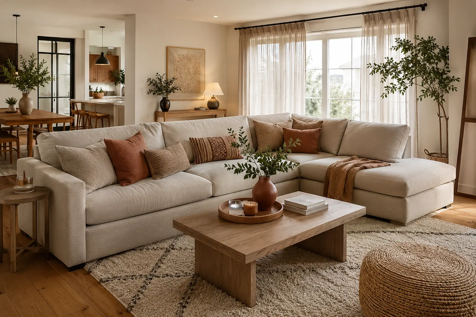 Compact three-seat standard sofa in a small, well-organized living room