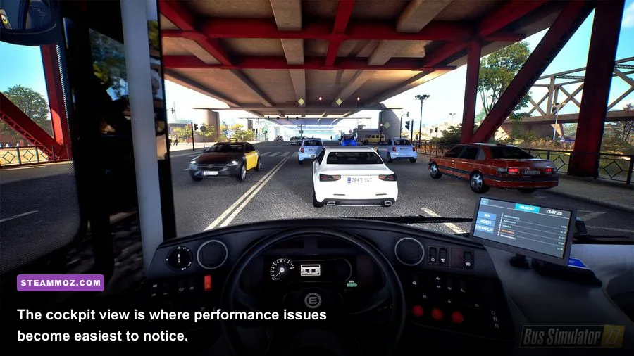 Bus Simulator 2016 cockpit view showing the bus dashboard and city route