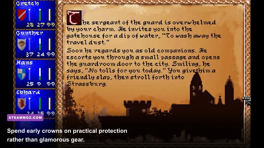 Darklands inventory showing medieval weapons, armor, and equipment