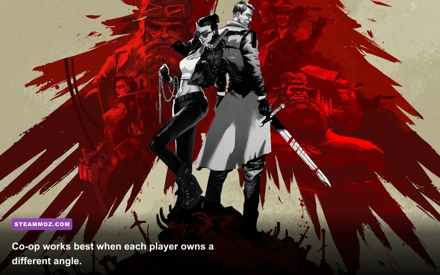Two players coordinating in a God's Trigger co-op level