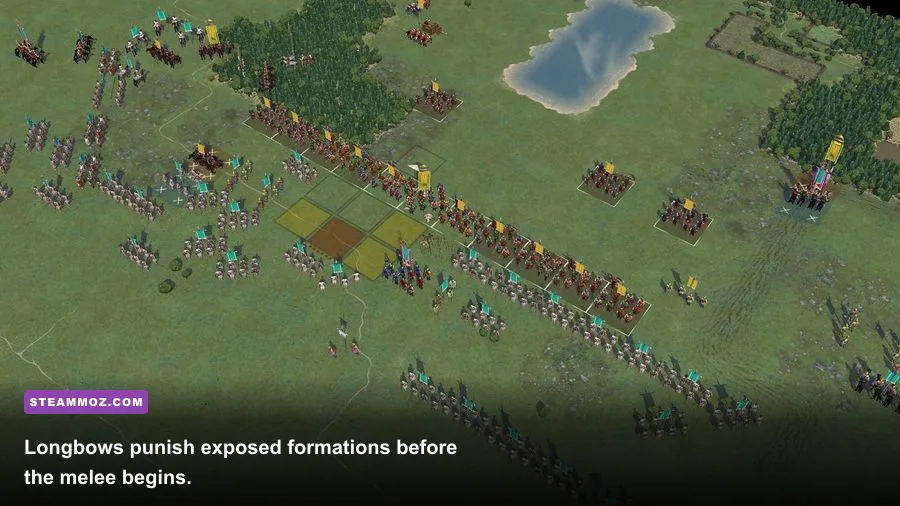 Field of Glory II longbow units firing volleys at advancing troops
