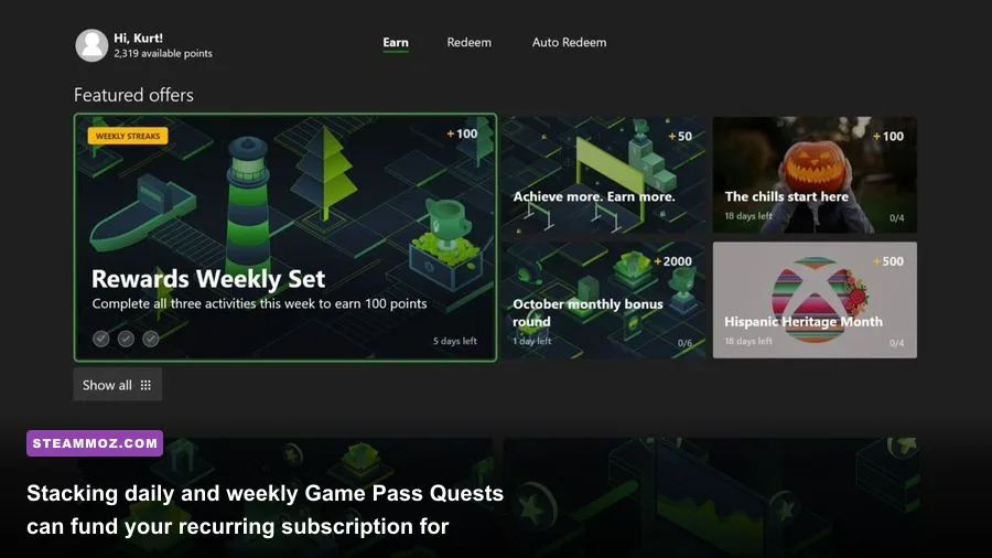 Microsoft Rewards interface displaying Xbox Game Pass daily and weekly quests