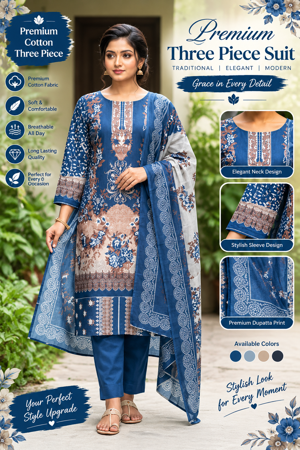 Premium Blue Printed Three Piece â Elegant Floral Collection