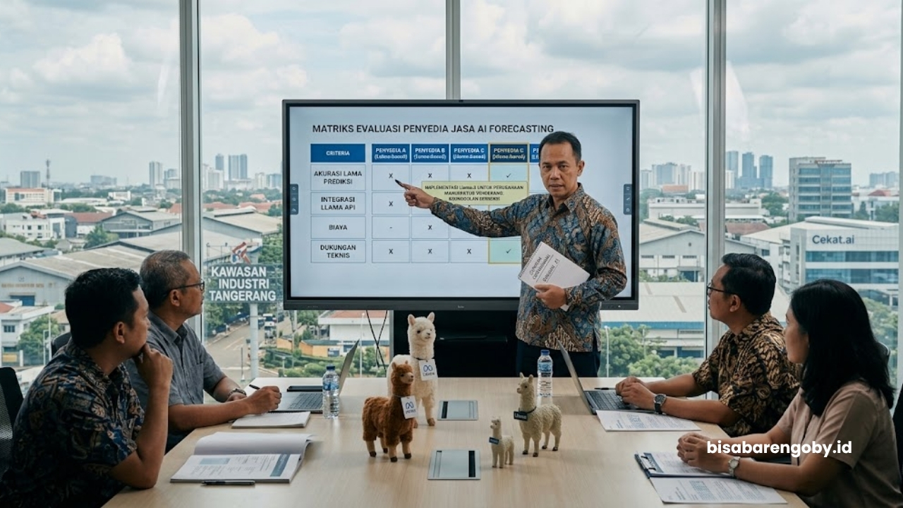 Manajer operasional mengevaluasi penyedia jasa AI Forecasting untuk perusahaan di Tangerang berbasis Llama