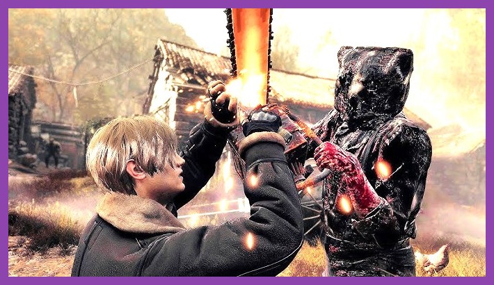 Dr. Salvador wielding a chainsaw in the villager attack from RE4 Remake