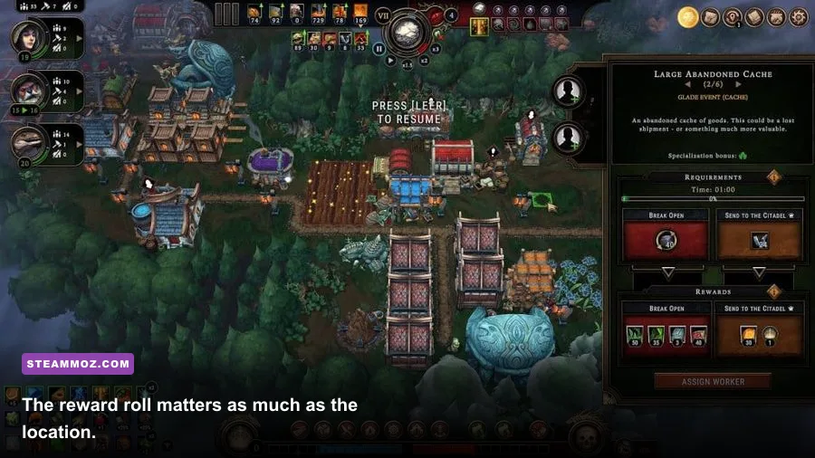 Against the Storm glade event reward screen showing amber tools and blueprints