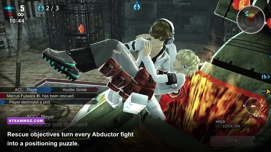 Freedom Wars Remastered team rescuing a civilian from an Abductor