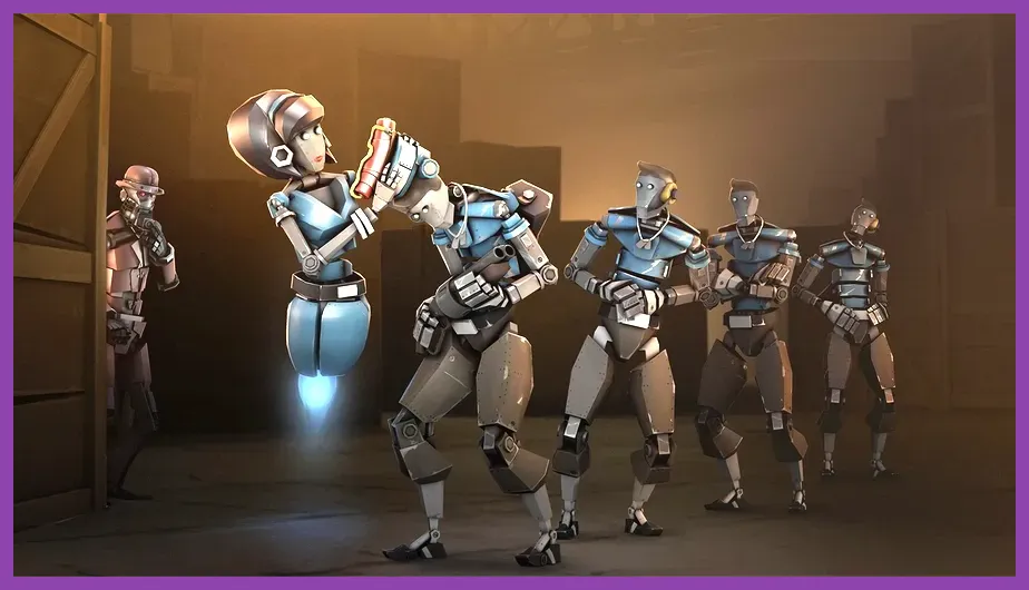 Players fighting robots in Team Fortress 2 Mann vs Machine mode