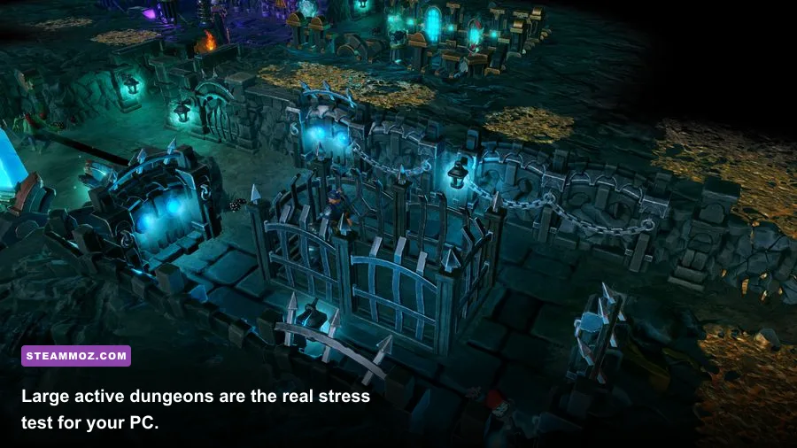 Dungeons 3 dungeon core surrounded by minions, rooms, and production buildings