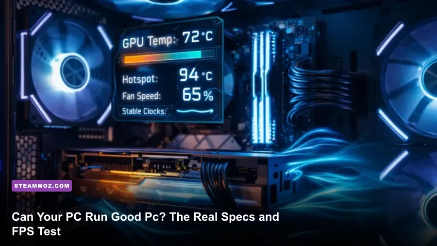 Gaming PC running a real-time benchmark with GPU temperature and FPS overlay