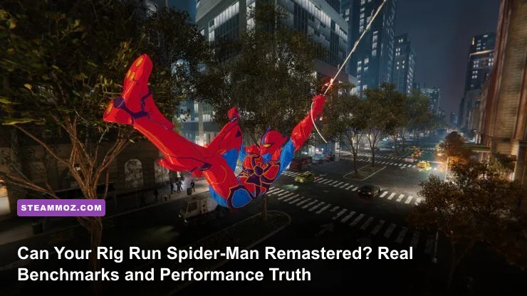 Spider-Man swinging through Manhattan at sunset in Marvel's Spider-Man Remastered on PC
