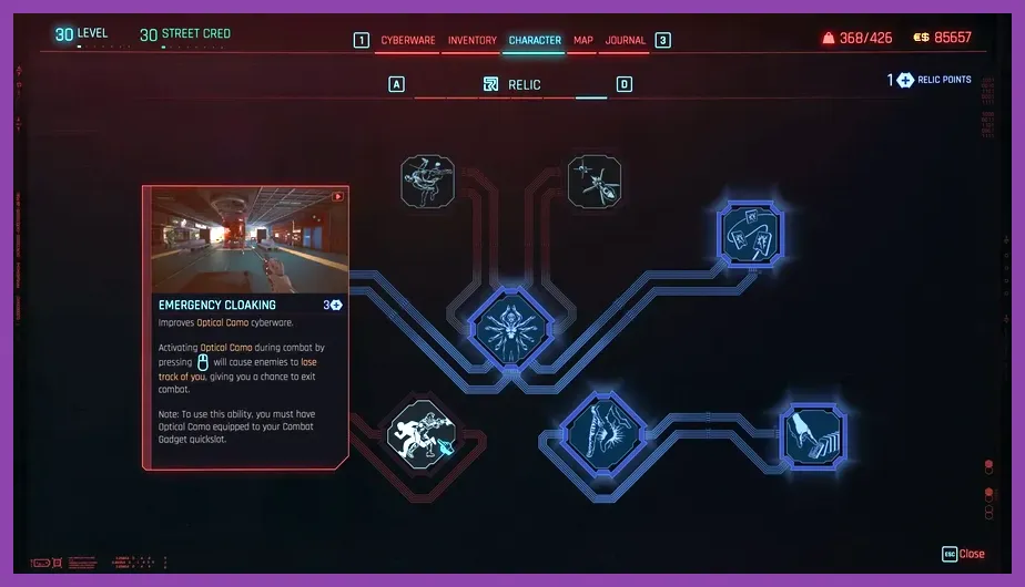 Unlocking new combat abilities in the Cyberpunk 2077 Phantom Liberty Relic skill tree
