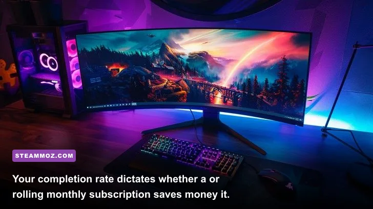 Ultra-wide gaming monitor displaying game library backlog and cost metrics