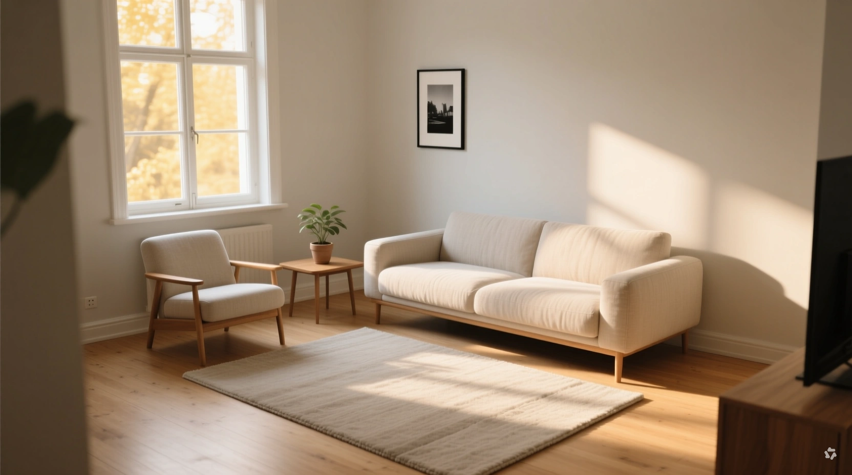6x9 area rug placed under the front legs of a sofa in a small living room