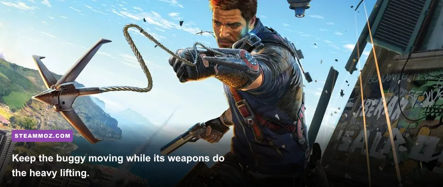 Combat Buggy using its mounted weapons against a military convoy in Just Cause 3