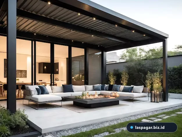 zona duduk outdoor taman belakang rumah minimalis dengan kanopi baja ringan