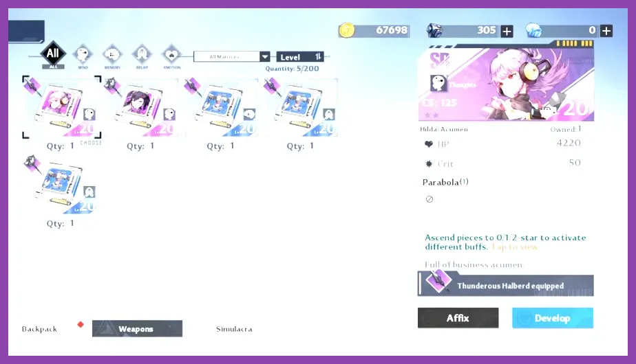 Tower of Fantasy matrix chips upgrade menu