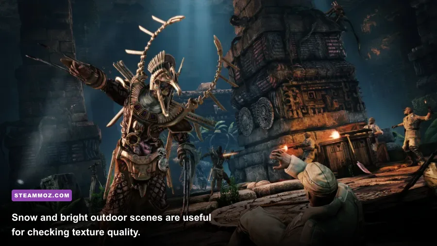 Deadfall Adventures snow temple gameplay with icy ruins and combat
