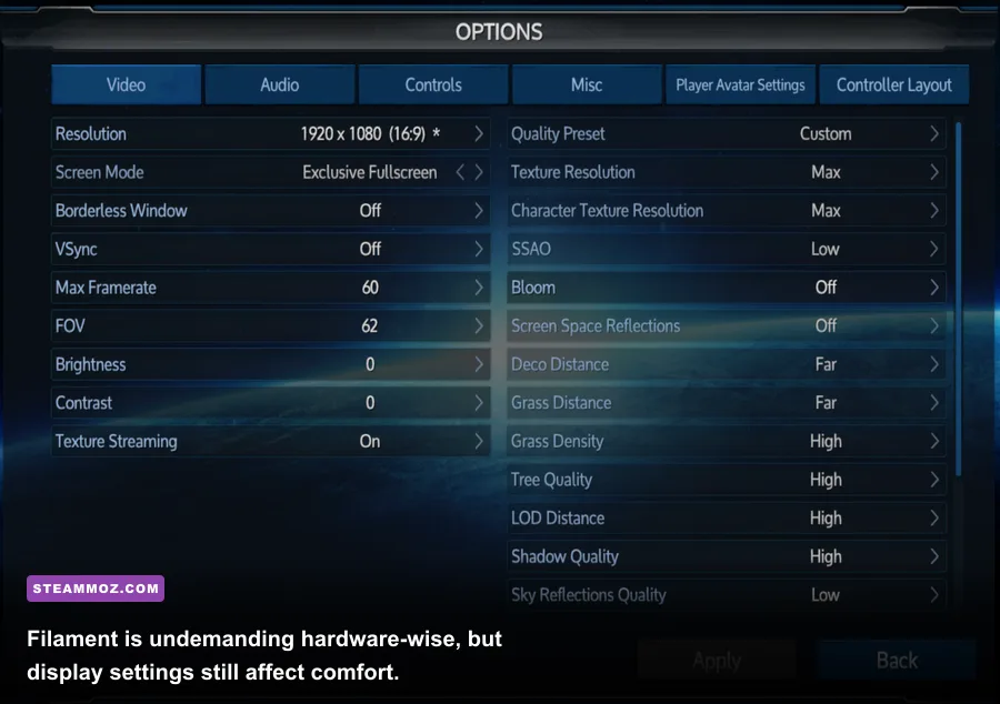 Filament running on a Windows PC with its graphics settings visible