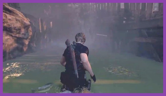 Leon Kennedy aiming at enemies in the village setting of Resident Evil 4 Remake