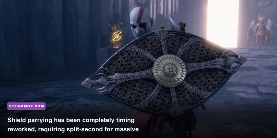 Kratos executing a golden flash shield parry against an enemy draugr in God of War Ragnarok