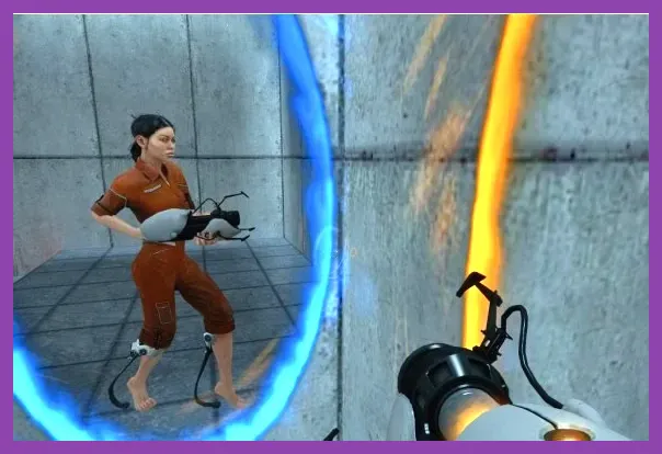 Chell holding portal gun in Portal 2 optimizing smooth gameplay