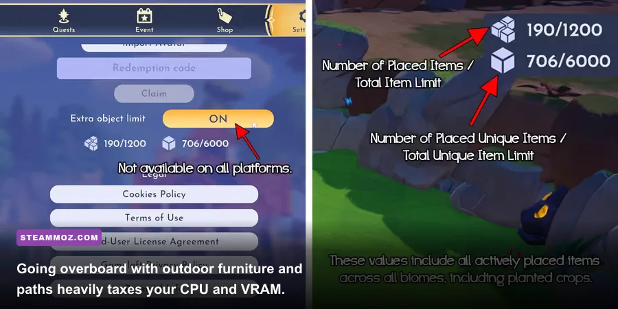 Disney Dreamlight Valley furniture placement grid showing Valley item count limit