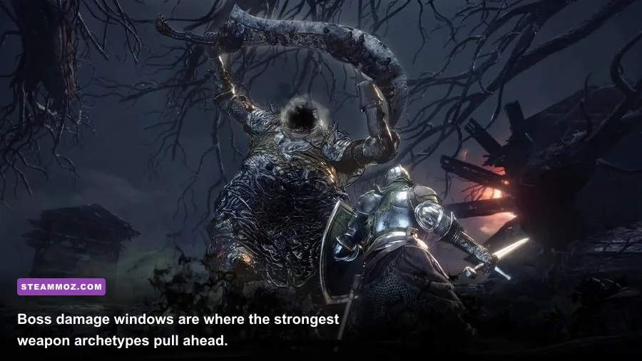Fated Souls player using a high damage weapon against a dungeon boss