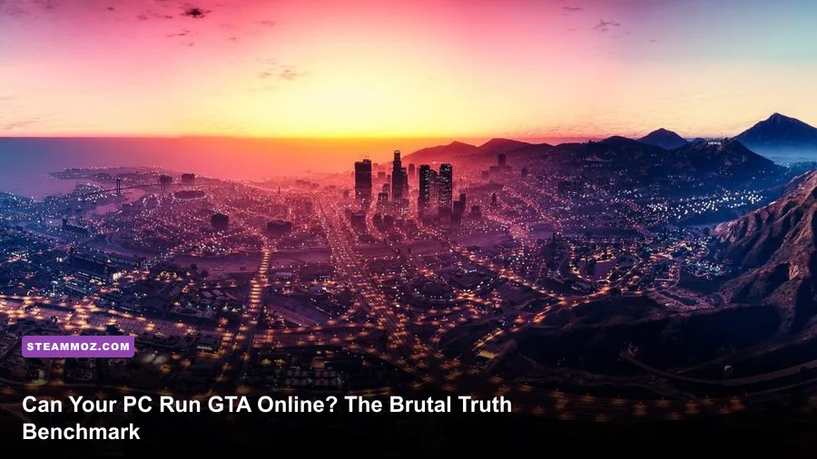 A heavily modified supercar racing through downtown Los Santos at night in GTA Online on PC