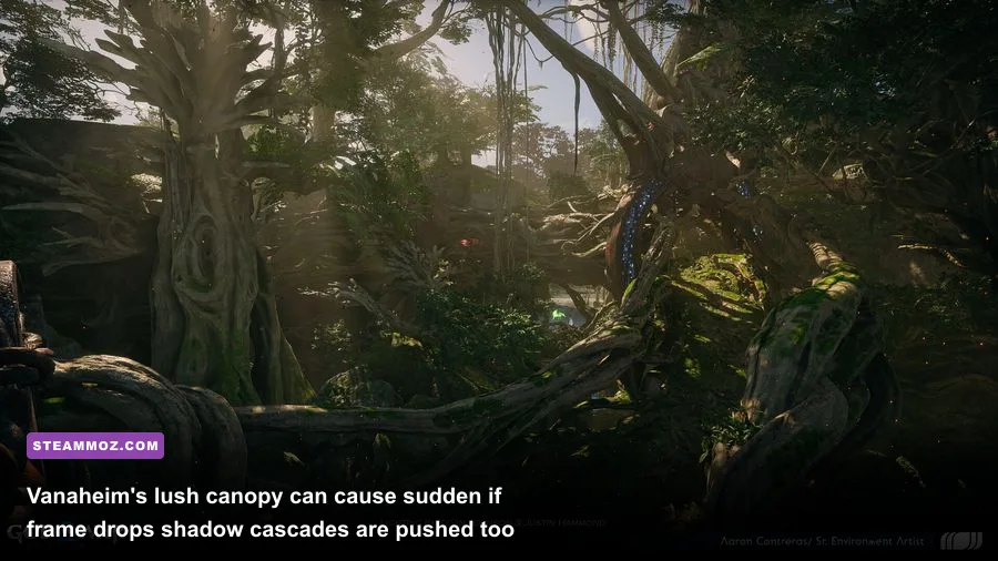 Vanaheim lush jungle environment with dense foliage and dynamic shadows