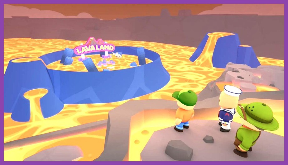 Stumble Guys characters hopping across rising pillars surrounded by lava