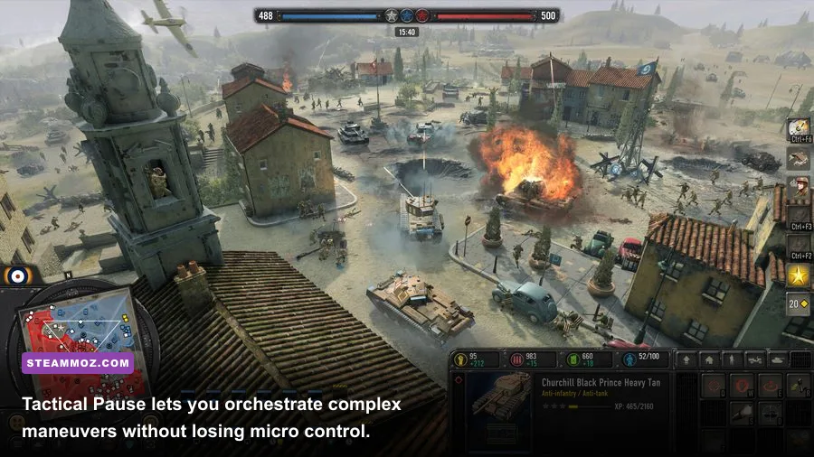 Full tactical pause interface showing queued movement and attack commands in Company of Heroes 3