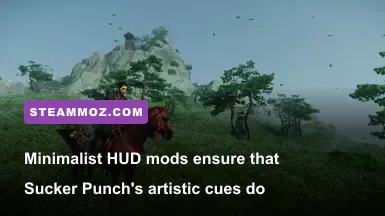Jin riding Nobu through pampas grass with complete HUD elements disabled