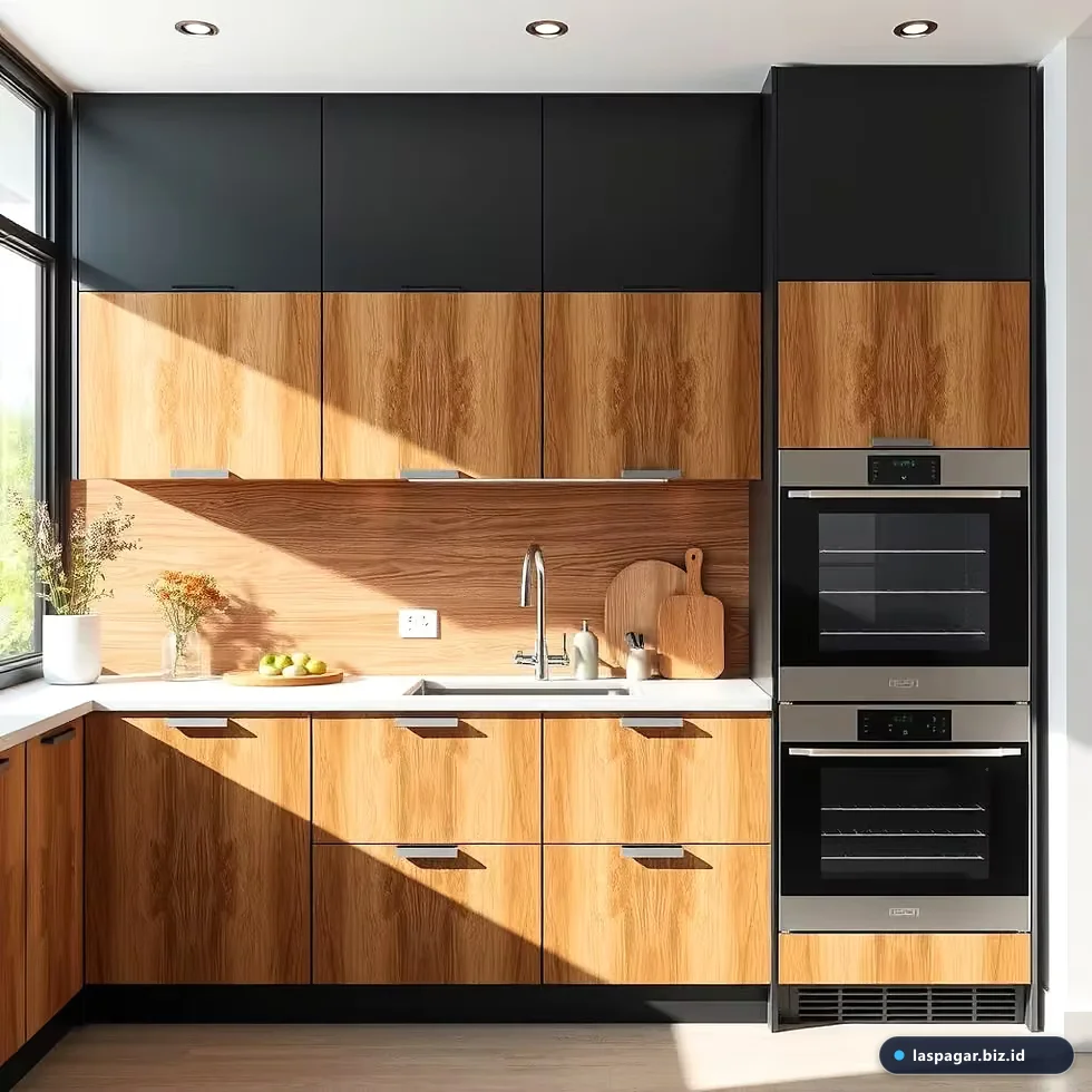 Desain estetika kitchen set aluminium modern dengan motif serat kayu dan kaca