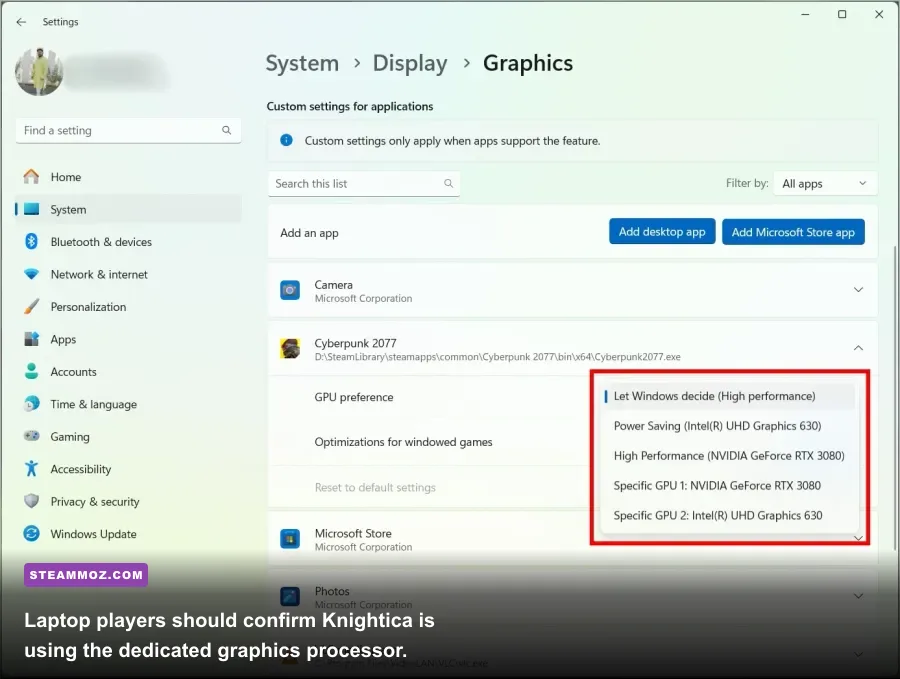 Windows graphics settings selecting a high performance GPU for Knightica