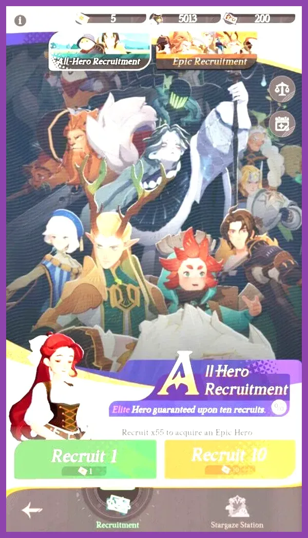 AFK Journey All-Hero Recruitment banner with hero wishlist and summon buttons